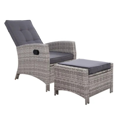 Gardeon Grey Outdoor Recliner Set - Adjustable Wicker Chair & Ottoman, UV-Resistant, High-Density Foam Cushions