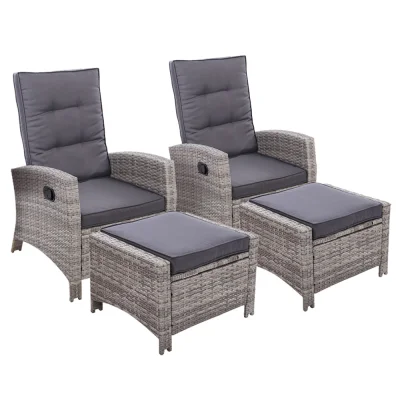 Gardeon 2PC Grey Wicker Recliner Chairs Set, Adjustable Outdoor Lounger with Ottoman, Steel Frame, UV-Resistant Cushions
