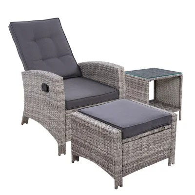 Gardeon 3PC Outdoor Recliner Set with Adjustable Wicker Chairs, Ottoman, and Glass Table - UV & Weather-Resistant, Grey