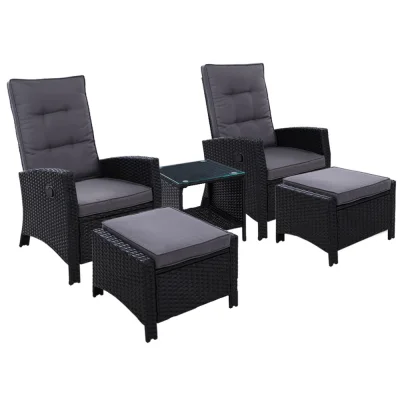 Gardeon 5PC Outdoor Recliner Set: UV-Resistant Wicker, Adjustable Back, Steel Frame, Glass Table, Black