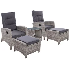Gardeon 5PC Grey Wicker Recliner Set: Adjustable Outdoor Furniture with Table, UV-Resistant, Weatherproof, Steel Frame