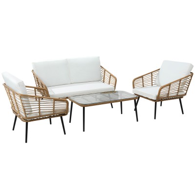 Gardeon 4-Piece Rattan Outdoor Sofa Set - UV Resistant, Powder-Coated Steel Frame, Natural Colour, Cushions Included Gardeon 4-Piece Rattan Outdoor Sofa Set - UV Resistant, Powder-Coated Steel Frame, Natural Colour, Cushions Included