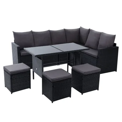 Gardeon 9-Seater Outdoor Dining Set – Black PE Wicker, Steel Frame, Cushions, Glass Table, Storage Cover Included