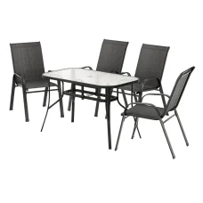 Gardeon 5 Piece Outdoor Dining Set Black – Steel Frame, Tempered Glass Table, Stackable Chairs, Weatherproof, 120cm