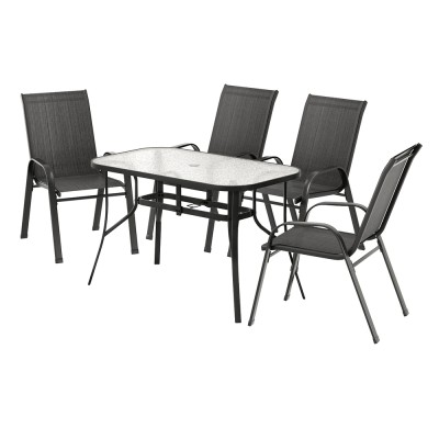 Gardeon 5 Piece Outdoor Dining Set Black – Steel Frame, Tempered Glass Table, Stackable Chairs, Weatherproof, 120cm Gardeon 5 Piece Outdoor Dining Set Black – Steel Frame, Tempered Glass Table, Stackable Chairs, Weatherproof, 120cm