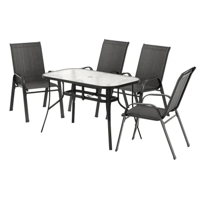 Gardeon 5 Piece Outdoor Dining Set Black – Steel Frame, Tempered Glass Table, Stackable Chairs, Weatherproof, 120cm