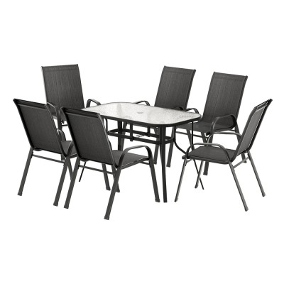 Gardeon 7 Piece Outdoor Dining Set Black—Steel Frame, Mesh Chairs, Tempered Glass Table, Stackable, Weatherproof Gardeon 7 Piece Outdoor Dining Set Black—Steel Frame, Mesh Chairs, Tempered Glass Table, Stackable, Weatherproof