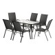 Gardeon 7 Piece Outdoor Dining Set Black—Steel Frame, Mesh Chairs, Tempered Glass Table, Stackable, Weatherproof