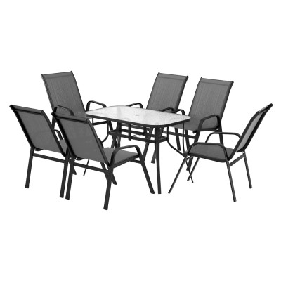 Gardeon 7 Piece Outdoor Dining Set Grey – Steel Frame, Tempered Glass Table, Stackable Chairs, Weather-Resistant Gardeon 7 Piece Outdoor Dining Set Grey – Steel Frame, Tempered Glass Table, Stackable Chairs, Weather-Resistant