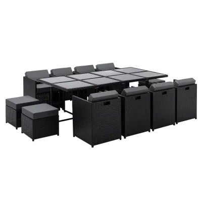 Gardeon Hayman 13-Piece Outdoor Dining Set, Wicker Chairs, Tempered Glass Table, with Cushions & Covers, Black