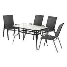 Gardeon 5 Piece Outdoor Dining Set Black—Steel Frame, Tempered Glass Table, Stackable Chairs, Weatherproof, 140x80cm