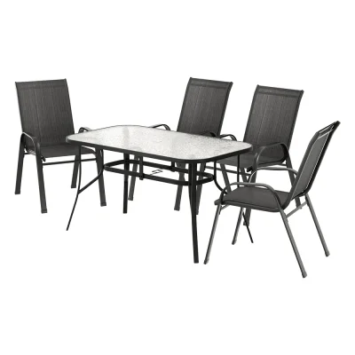 Gardeon 5 Piece Outdoor Dining Set Black—Steel Frame, Tempered Glass Table, Stackable Chairs, Weatherproof, 140x80cm