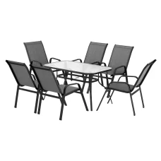 Gardeon 7 Piece Outdoor Dining Set Grey—Steel Frame, Tempered Glass Table, Stackable Chairs, Weatherproof, 140cm