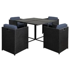 Gardeon Outdoor Dining Set - 5 Piece Black Wicker, Steel Frame, Glass Table, Cushioned Chairs, Water-Resistant Covers