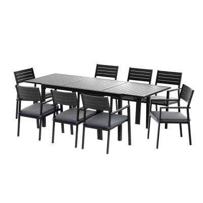 Gardeon 9PCS Outdoor Dining Set - Extendable Aluminium Table & Chairs, Seats 8, Black with Grey Cushions, Patio Ready