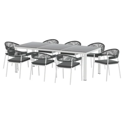 Gardeon 9-Piece Outdoor Dining Set: White Steel Frame, Handwoven Rope, Tempered Glass Table, Water-Resistant Cushions