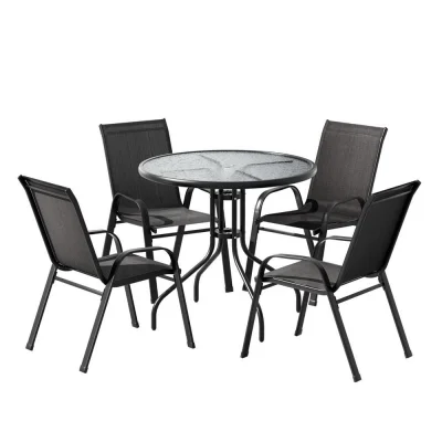 Gardeon Outdoor Dining Set 5-Piece Black Steel Patio Table and Stackable Chairs, Weather-Resistant, 80x80cm