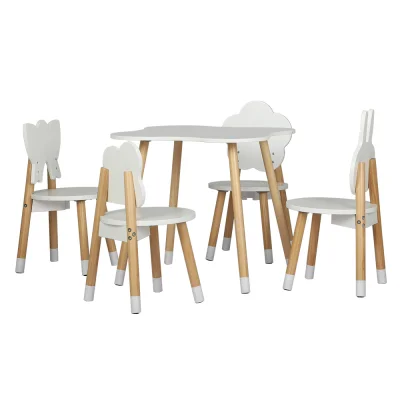 Keezi 5PCS Kids Table and Chairs Set - White MDF & Pine, Creative Shapes, Safe & Durable for Play, Study, and Meals