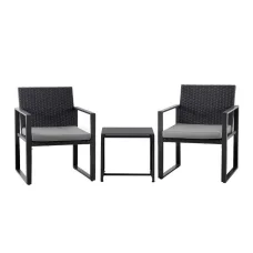 Gardeon 3PC Outdoor Bistro Set: Handwoven PE Rattan, Steel Frame, Tempered Glass Table, Weather-Resistant, Black
