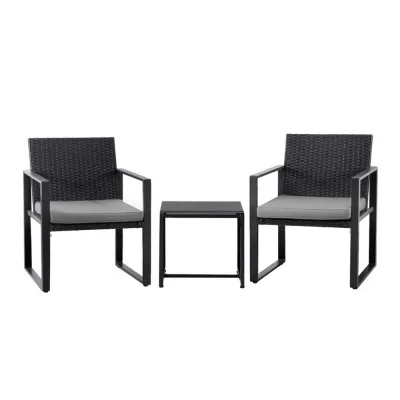 Gardeon 3PC Outdoor Bistro Set: Handwoven PE Rattan, Steel Frame, Tempered Glass Table, Weather-Resistant, Black