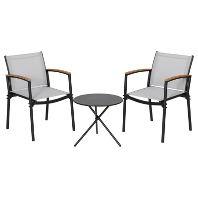 Gardeon 3PC Outdoor Bistro Set - Steel Frame, Textilene Fabric Chairs, Weather-Resistant, Easy Assembly, Black/Grey