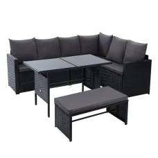 Gardeon 9-Seater Outdoor Dining Set with Black PE Wicker, Steel Frame, Tempered Glass Table, Cushions, and Storage Cover
