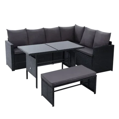 Gardeon 9-Seater Outdoor Dining Set with Black PE Wicker, Steel Frame, Tempered Glass Table, Cushions, and Storage Cover