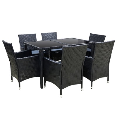 Gardeon 7-Piece Outdoor Dining Set, Black PE Wicker & Aluminium, Includes 6 Chairs with Cushions & Tempered Glass Table Gardeon 7-Piece Outdoor Dining Set, Black PE Wicker & Aluminium, Includes 6 Chairs with Cushions & Tempered Glass Table