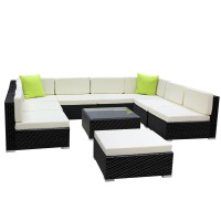 Gardeon 10-Piece Outdoor Sofa Set, Wicker, UV-Resistant, 9-Seater, Black Frame, Beige Cushions, Tempered Glass Table Gardeon 10-Piece Outdoor Sofa Set, Wicker, UV-Resistant, 9-Seater, Black Frame, Beige Cushions, Tempered Glass Table