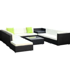 Gardeon 11PC Outdoor Furniture Set: UV-Resistant Wicker Sofa Lounge with Removable Cushions & Tempered Glass Table