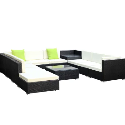 Gardeon 11PC Outdoor Furniture Set: UV-Resistant Wicker Sofa Lounge with Removable Cushions & Tempered Glass Table