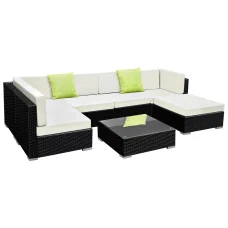 Gardeon 7-Piece Outdoor Sofa Set: UV-Resistant Wicker, Heavy-Duty Aluminium Frame, Cushions, Glass Table, Easy Assembly