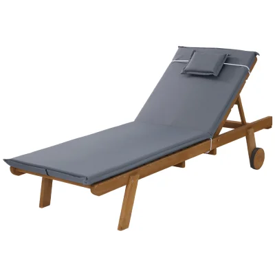 Gardeon Wooden Sun Lounge with Adjustable Backrest, Wheels, Grey Cushion, Fir Wood Frame, 195x68x89cm, Outdoor Day Bed