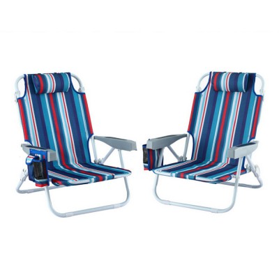 Gardeon Outdoor Beach Chairs Set of 2, Steel Frame, 5-Position Recline, Backpack Cooler, Blue Stripe, 150kg Capacity