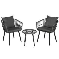Gardeon 3 Piece Outdoor Bistro Set, Grey PE Wicker Patio Lounge Setting with Cushions, Steel Frame & Glass Table