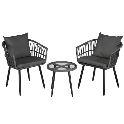 Gardeon 3 Piece Outdoor Bistro Set, Grey PE Wicker Patio Lounge Setting with Cushions, Steel Frame & Glass Table Gardeon 3 Piece Outdoor Bistro Set, Grey PE Wicker Patio Lounge Setting with Cushions, Steel Frame & Glass Table