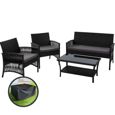 Gardeon 4PCS Black Outdoor Sofa Set - Wicker Harp Design, Steel Frame, Tempered Glass Table, Cushions & Storage Cover Gardeon 4PCS Black Outdoor Sofa Set - Wicker Harp Design, Steel Frame, Tempered Glass Table, Cushions & Storage Cover