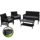 Gardeon 4PCS Black Outdoor Sofa Set - Wicker Harp Design, Steel Frame, Tempered Glass Table, Cushions & Storage Cover