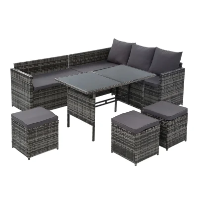 Gardeon 9-Seater Outdoor Dining Set - PE Wicker Sofa Lounge with Cushions, Tempered Glass Table & Storage Cover, Grey