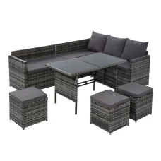 Gardeon 9-Seater Outdoor Dining Sofa Set - Mixed Grey Wicker, Steel Frame, UV & Weather Resistant, Cushioned Comfort