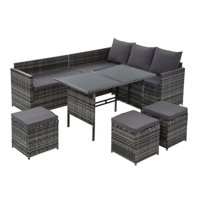 Gardeon 9-Seater Outdoor Dining Sofa Set - Mixed Grey Wicker, Steel Frame, UV & Weather Resistant, Cushioned Comfort