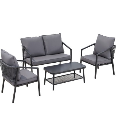 Gardeon 4PC Outdoor Sofa Set - Steel Frame, Rope Backrest, Tempered Glass Table, Water-Resistant Cushions, 4-Seater Gardeon 4PC Outdoor Sofa Set - Steel Frame, Rope Backrest, Tempered Glass Table, Water-Resistant Cushions, 4-Seater