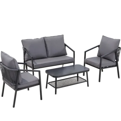 Gardeon 4PC Outdoor Sofa Set - Steel Frame, Rope Backrest, Tempered Glass Table, Water-Resistant Cushions, 4-Seater Gardeon 4PC Outdoor Sofa Set - Steel Frame, Rope Backrest, Tempered Glass Table, Water-Resistant Cushions, 4-Seater