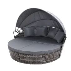 Gardeon Grey Wicker Sun Lounge Day Bed - Outdoor Patio Furniture, UV-Resistant, 161x180x145cm, Adjustable Canopy