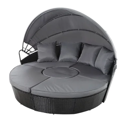 Gardeon Black Wicker Sun Lounge Day Bed with Folding Canopy & Cushions, UV-Resistant, 168x180x145cm, 1-Year Warranty