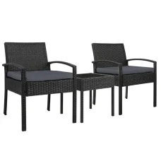 Gardeon 3PC Patio Bistro Set - Black PE Wicker, Steel Frame, Tempered Glass Table, Weather-Resistant Cushions Included