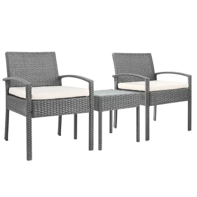 Gardeon 3PC Patio Furniture Bistro Set - Grey Wicker Outdoor Lounge with Cushions & Tempered Glass Table, UV-Resistant