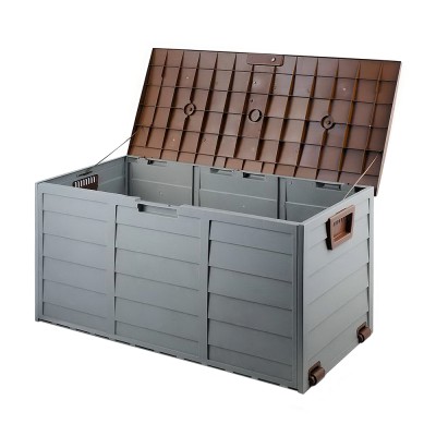 Gardeon 290L Brown Outdoor Storage Box with Lockable Lid, Weather-Resistant PP Material, Wheels & Handles for Easy Use