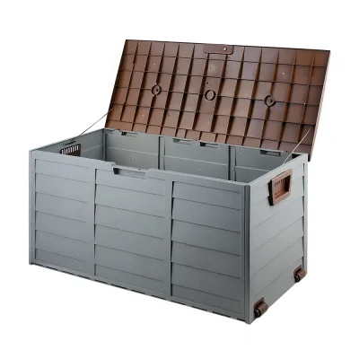 Gardeon 290L Brown Outdoor Storage Box with Lockable Lid, Weather-Resistant PP Material, Wheels & Handles for Easy Use
