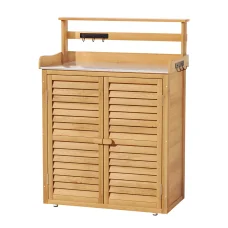 Gardeon Wooden Outdoor Storage Cabinet with Galvanised Steel Workbench, 3-Tier Shelves & Weather-Resistant Design